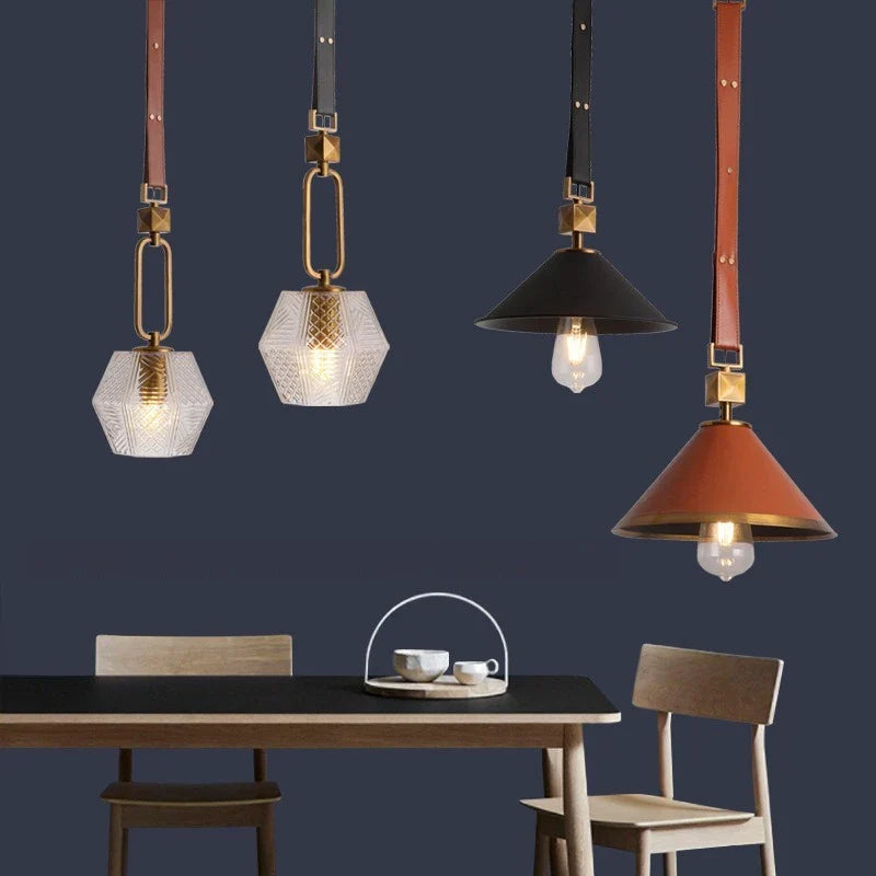 lampadario moderno in pelle con sospensione luce e vetro cristallo