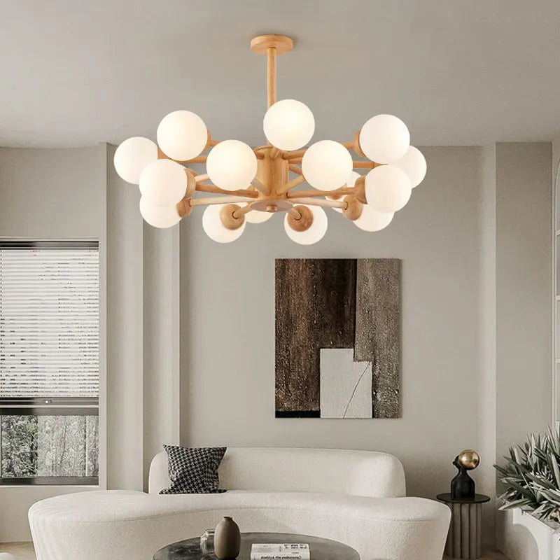lampadario in legno nordico con sfera di vetro decorativa