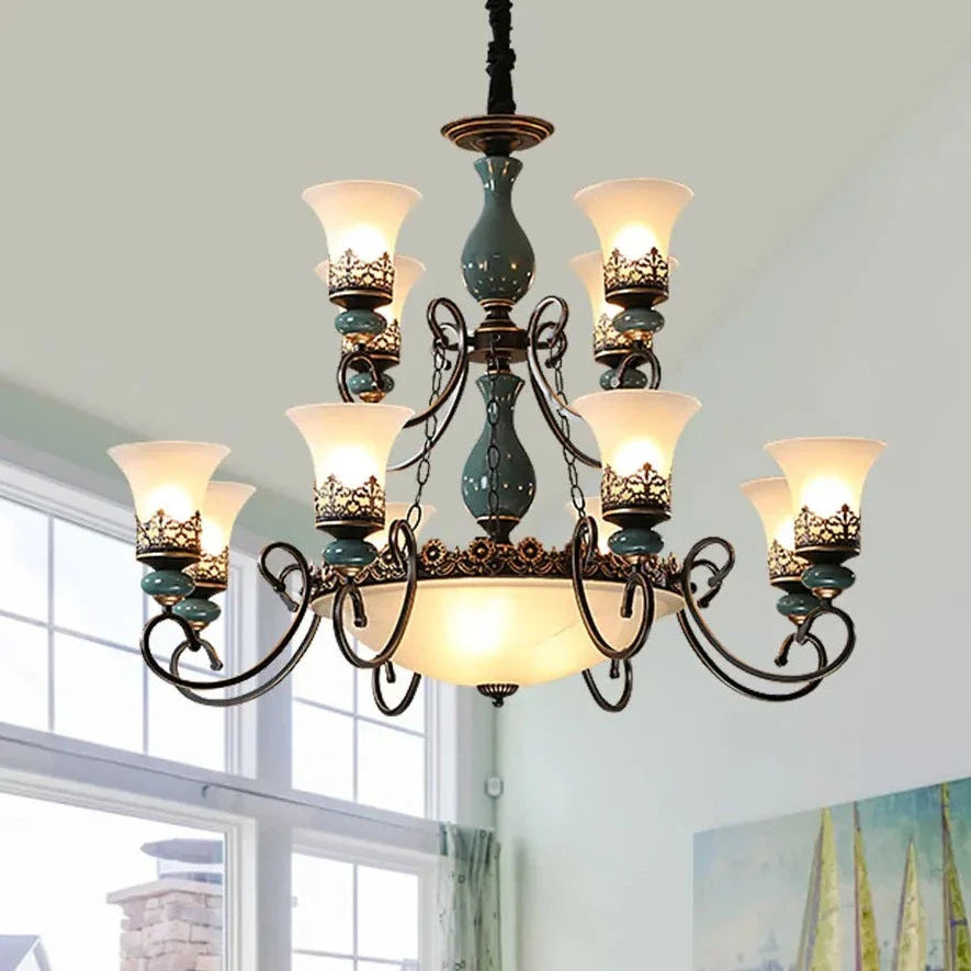 Lampadario retrò europeo in ceramica con paralume in vetro
