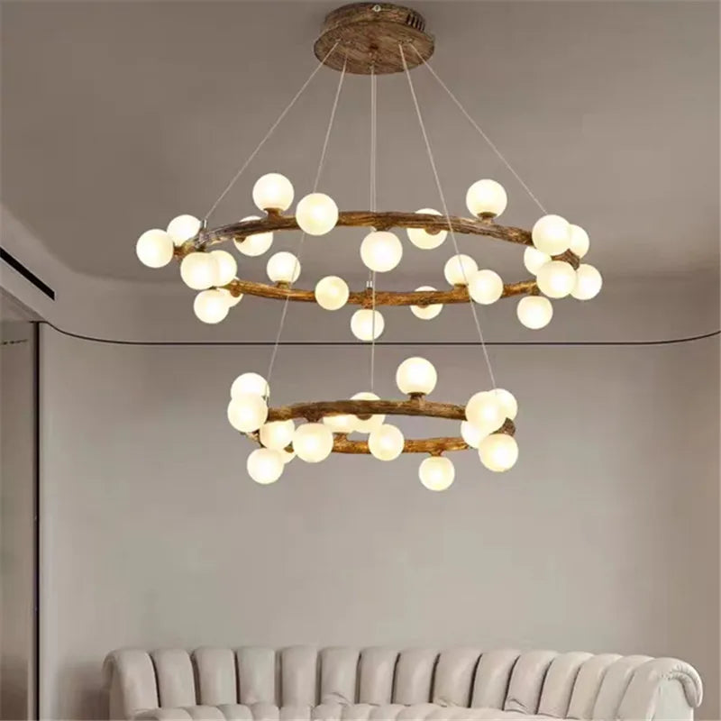 lampadario retrò a forma di ramo d'albero in legno e vetro