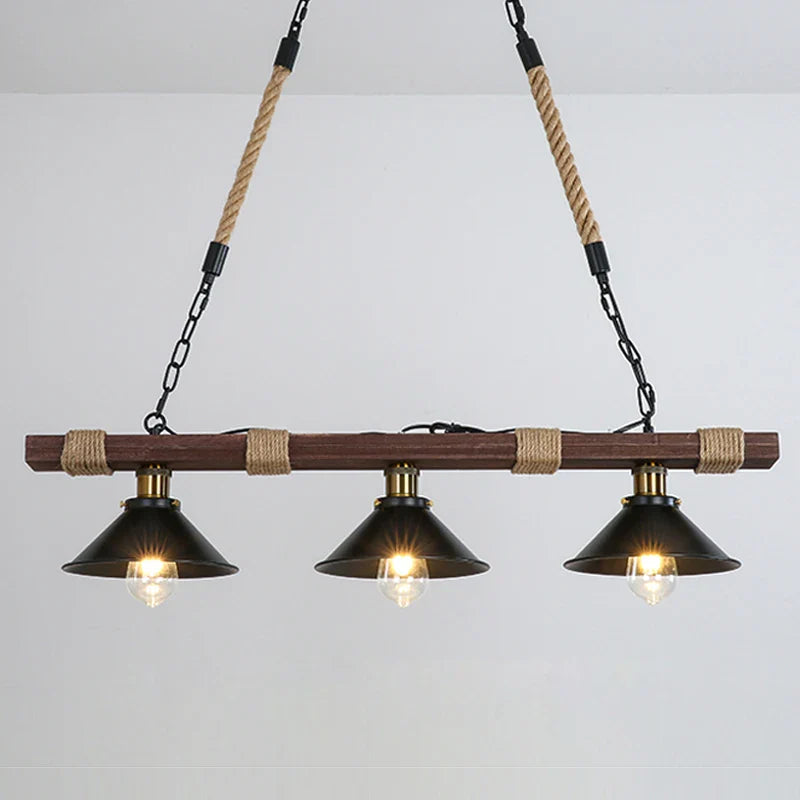 lampadario vintage industriale in legno massiccio con corda di canapa