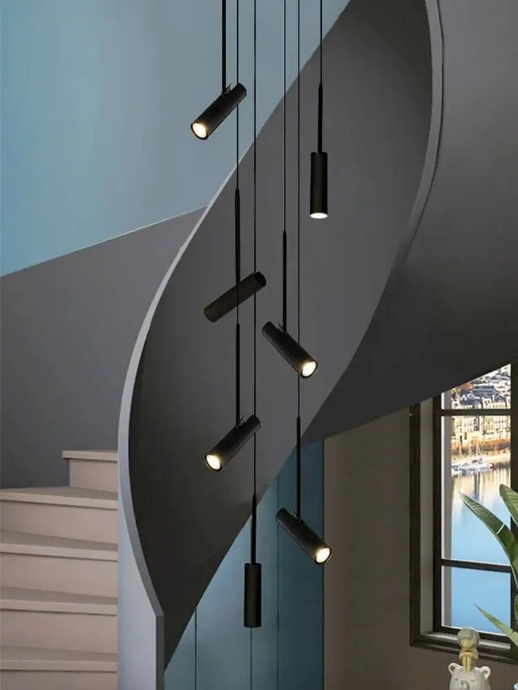Sospensione LED cilindrica spot design moderno ristorante illuminazione nero bianco minimalista scala lampadario lungo