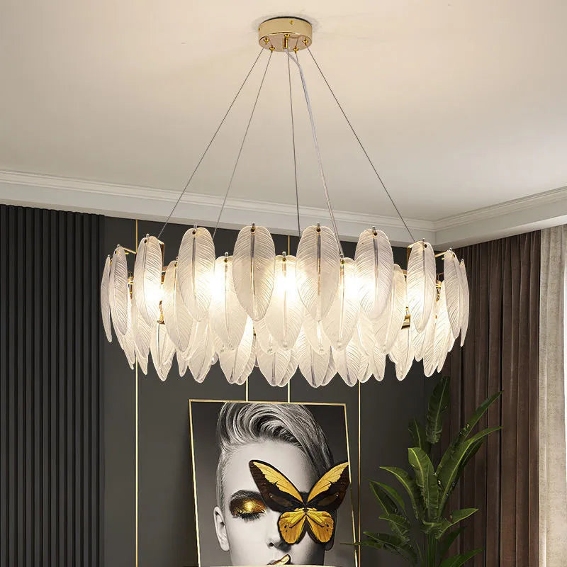 lampadario di lusso moderno in piume e vetro metallico