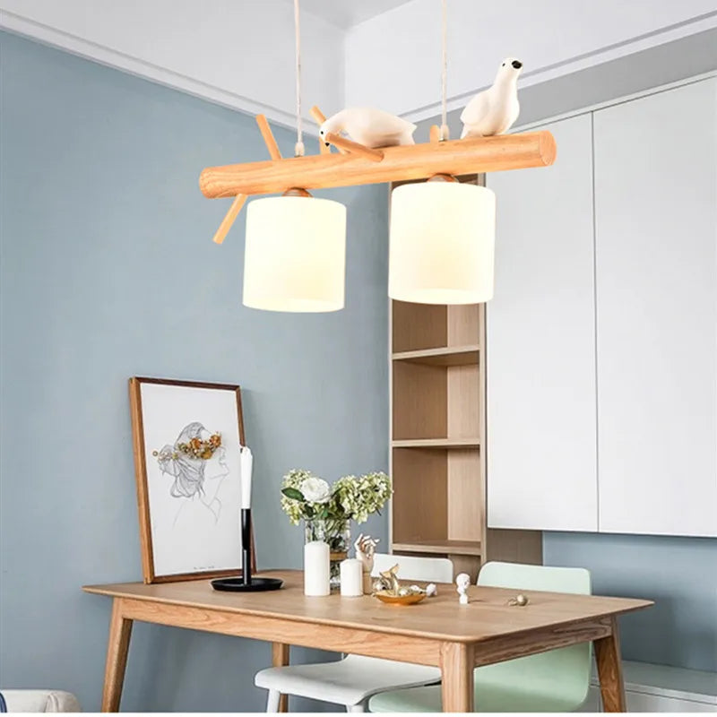 lampadario nordico in legno massiccio con uccelli per decorazione interna