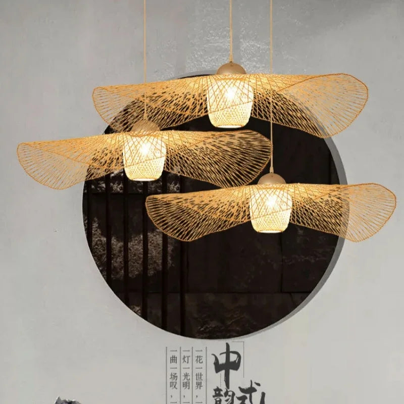 lampadario in bambù intrecciato stile giapponese per decorazione moderna