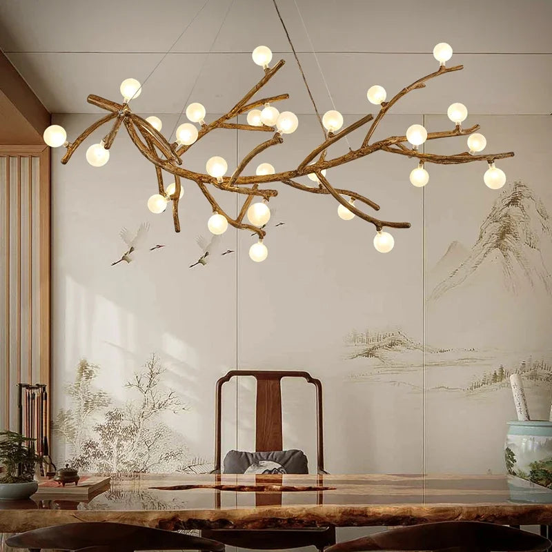 Lampadario vintage in resina con rami d'albero led