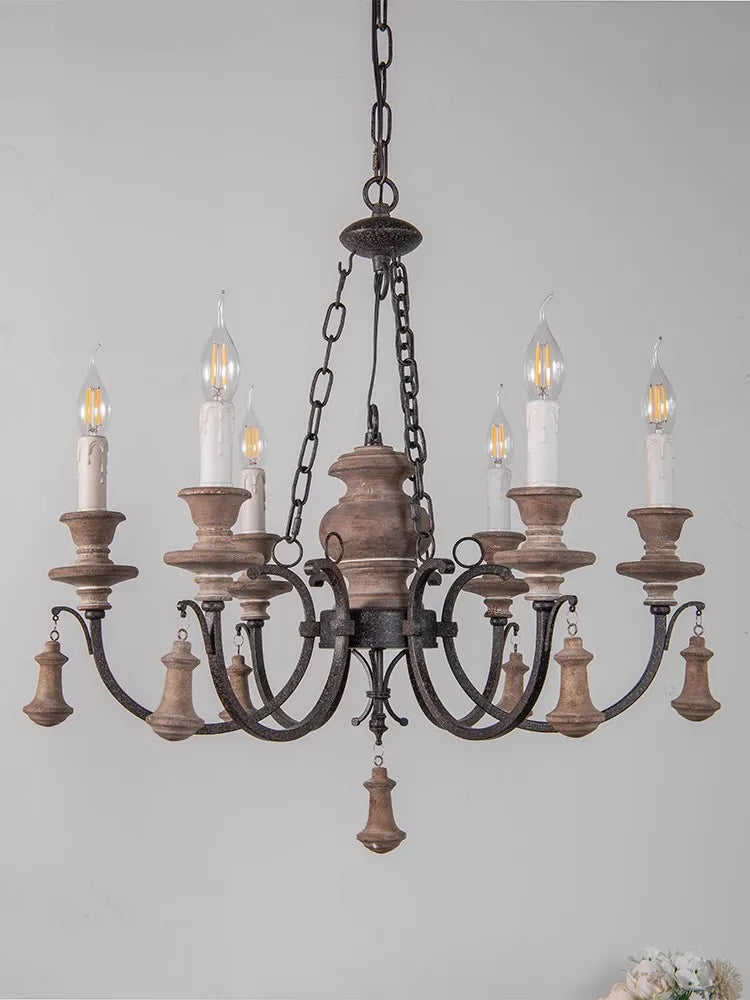 lampadario retrò americano in legno massiccio a 6 teste per ristorante