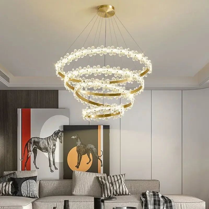 lampadario in cristallo k9 stile nordico con anello a petali e led