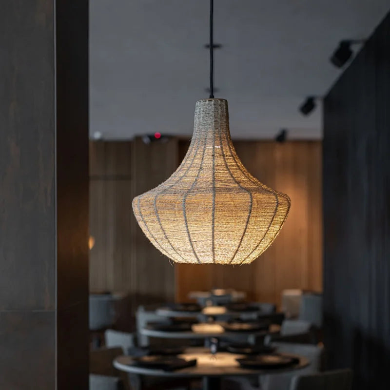 lampadario in corda di canapa intrecciata a mano stile wabi sabi