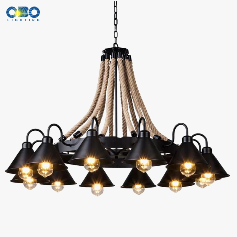Lampadario vintage in corda di canapa con paralume in ferro per bar e caffè