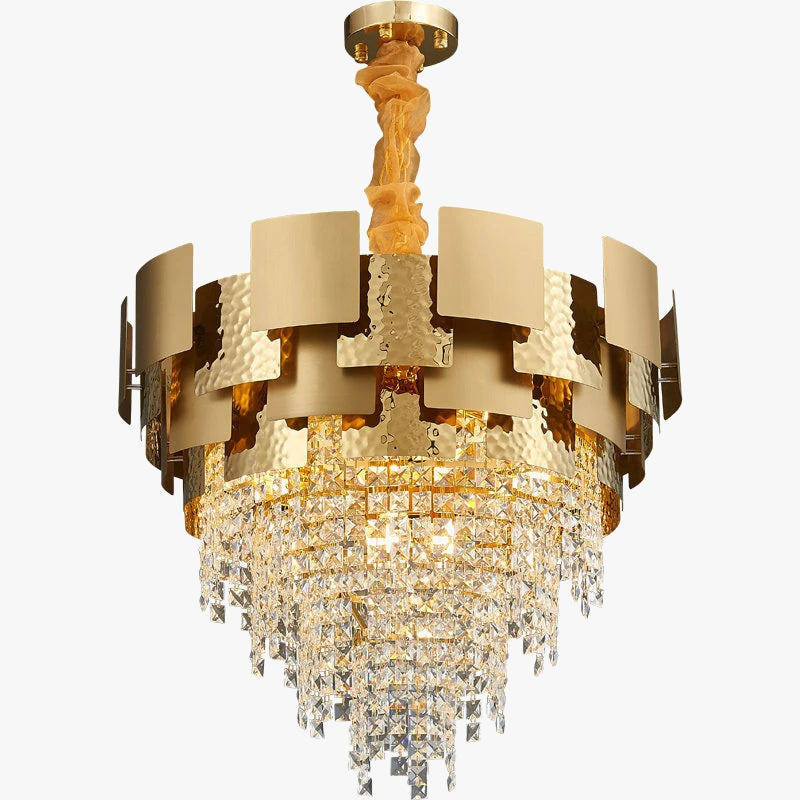 lampadario in acciaio inox con led e cristallo dorato