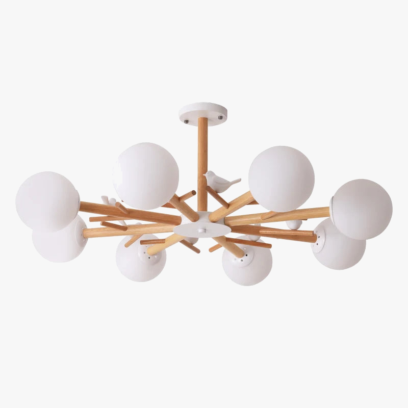 lampadario in legno naturale con paralume rotondo in vetro moderno