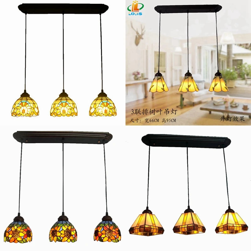 lampadario in vetro stile tiffany a 3 teste per decorazione antica