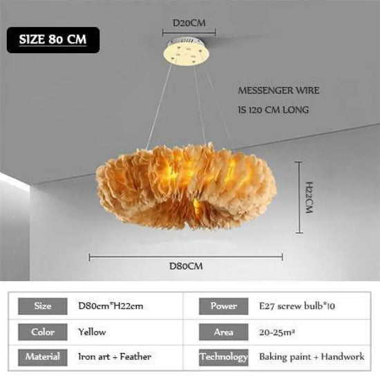 Lustre Led Rond En Plumes Colorées D80Cm / Jaune Luminaire Chambre