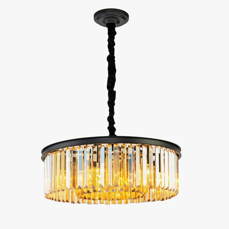 lampadario rotondo in cristallo di lusso con lampade dorate