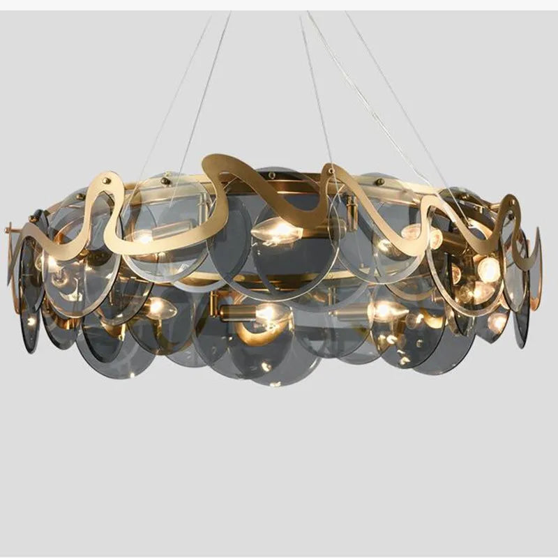 Lampadario rotondo in metallo e cristallo elegante