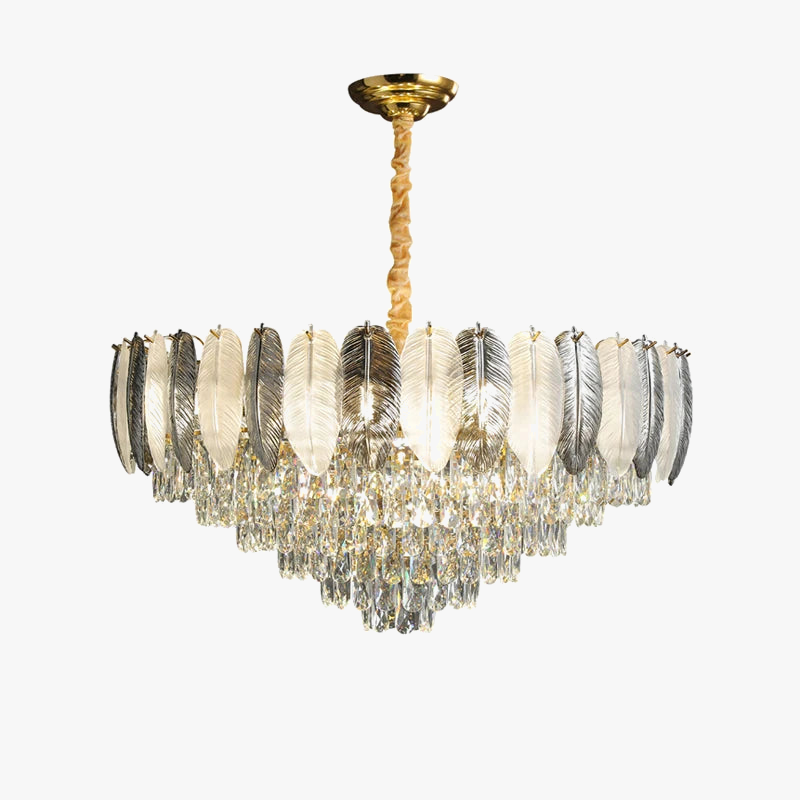 lampadario sospeso led art déco con piume bianche e grigie