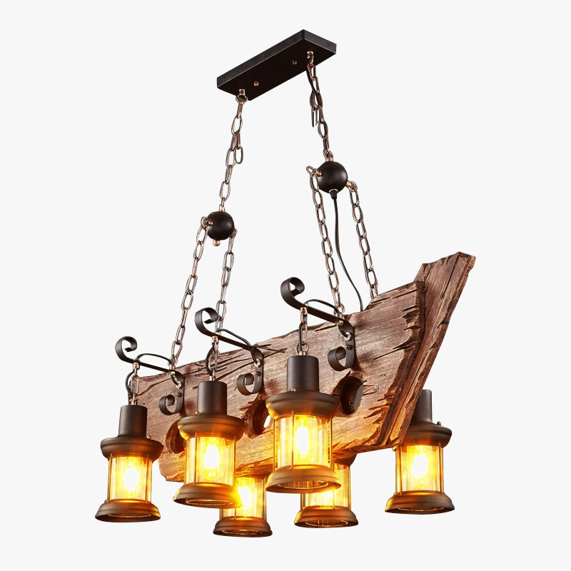 lampadario vintage loft in legno con sospensione LED