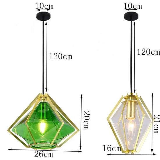 Suspension Géométrique Dorée Diamond Verre Coloré Luminaire Chambre
