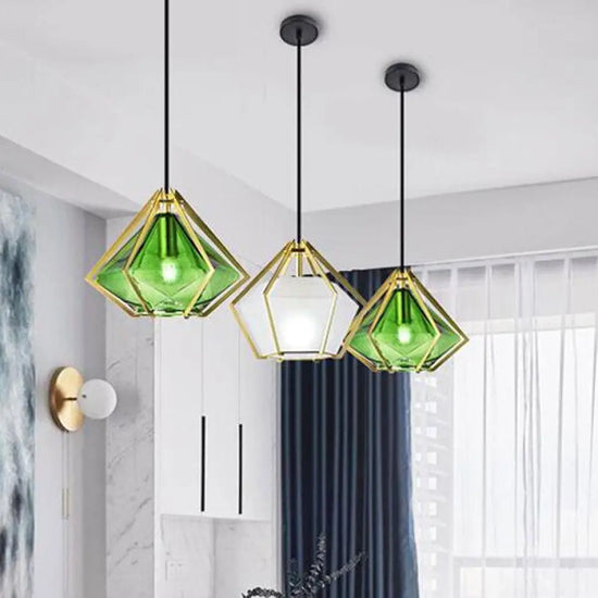 Suspension Géométrique Dorée Diamond Verre Coloré Luminaire Chambre