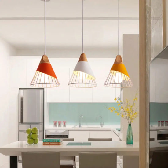 Suspension Led Bois Et Cage Colorée Luminaire Chambre